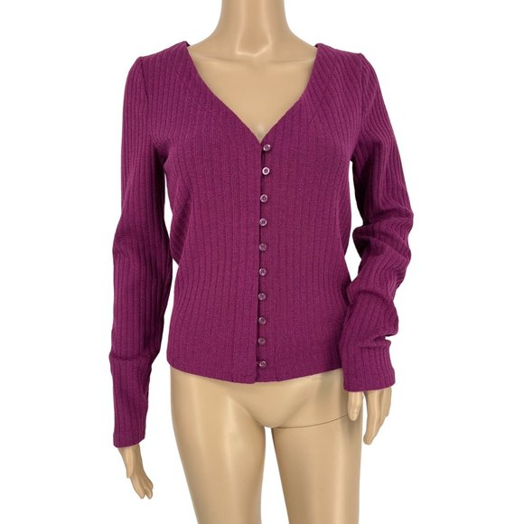 Maeve by Anthropologie Meryl plum metallic cardigan sweater M purple long sleeve - Picture 2 of 10